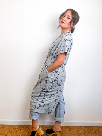 Hand-Dyed Midi Sweatshirt Tie Dress Grey Black Droplets