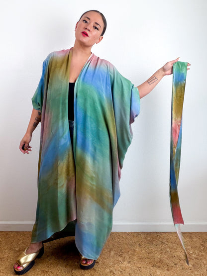 Hand-Dyed High Low Kimono Blue Green Bronze Coral Aura