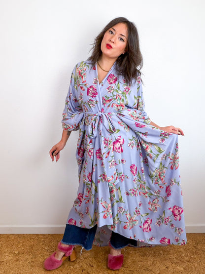Print High Low Kimono Blue Freesia Crinkle Challis
