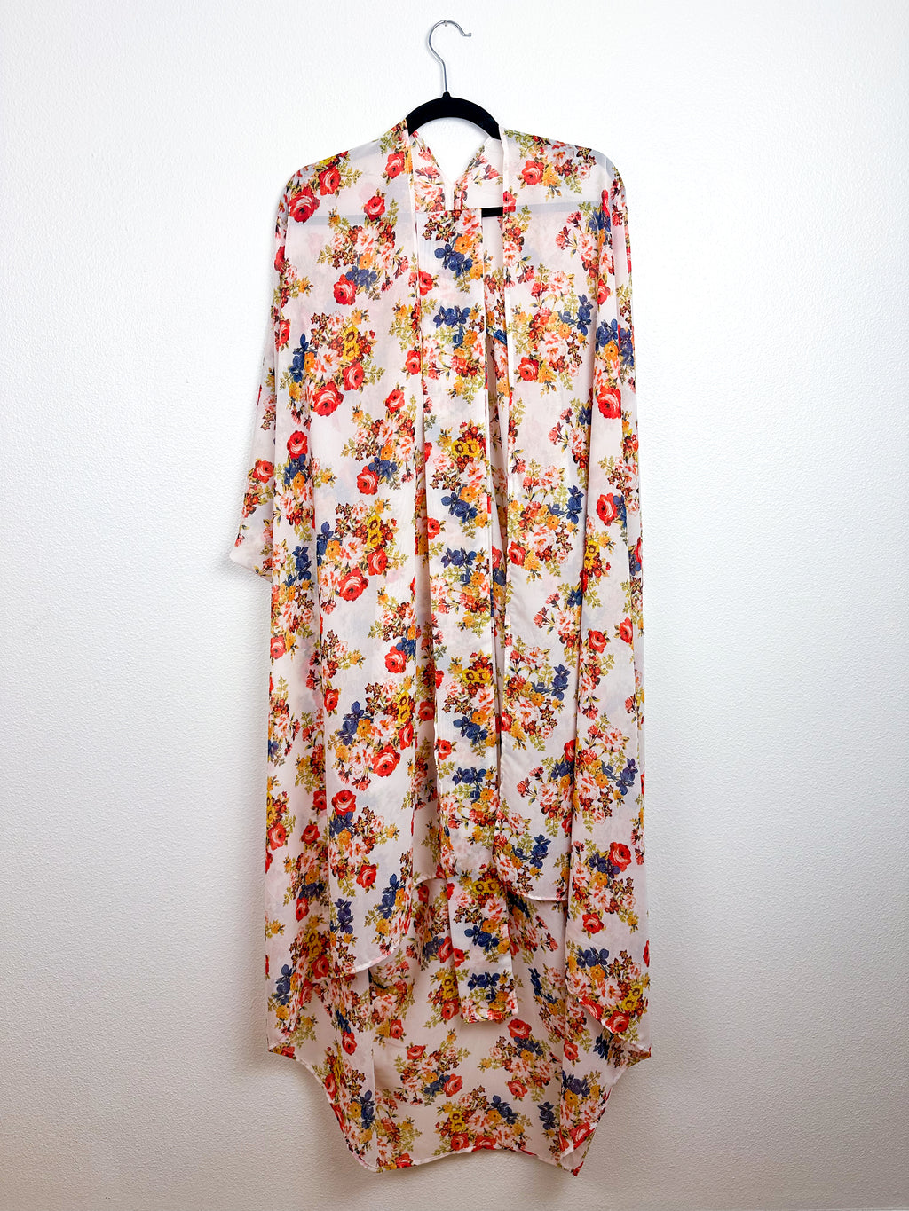 Print High Low Kimono Ivory Rust Vintage Floral Chiffon