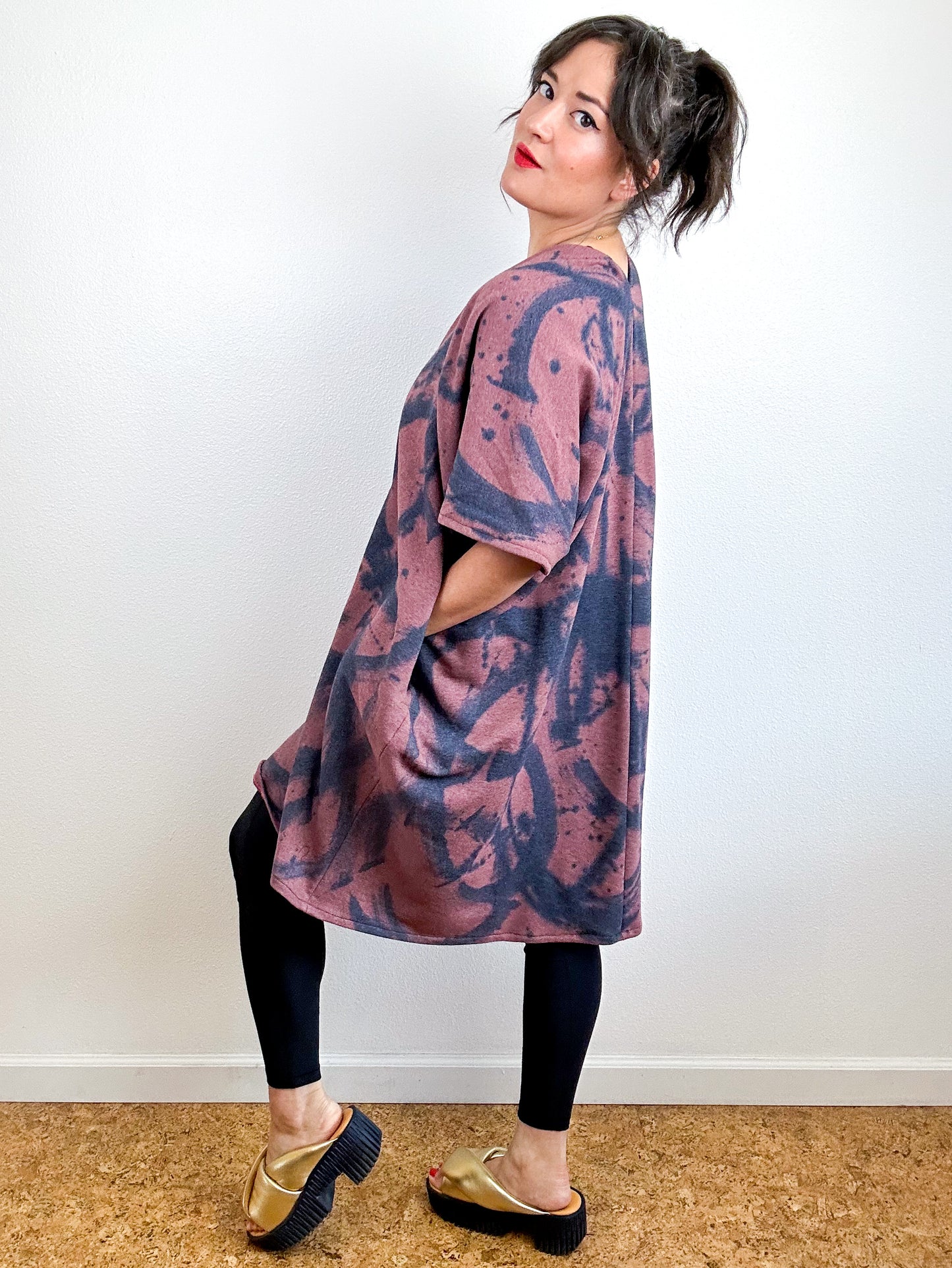 Hand-Dyed Cotton Sweatshirt Caftan Dress Rose Sumi