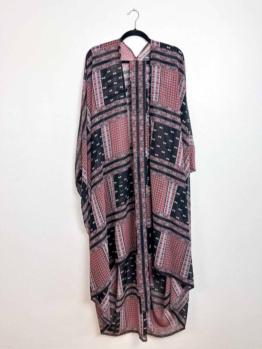 Print High Low Kimono Black Maroon Vintage Scarf Chiffon