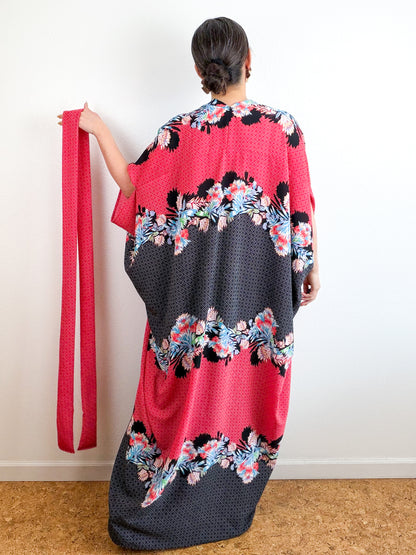 Print High Low Kimono Red Black Tropical Bubble Crepe