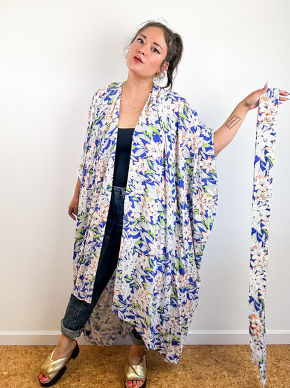 Print High Low Kimono Blue White Tropical Challis