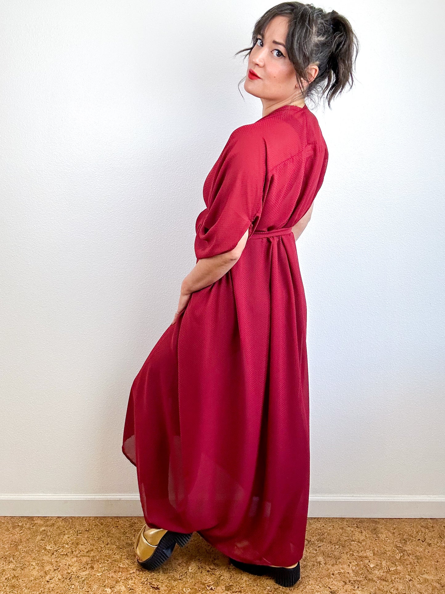 Print High Low Kimono Crimson Mini Grid Chiffon