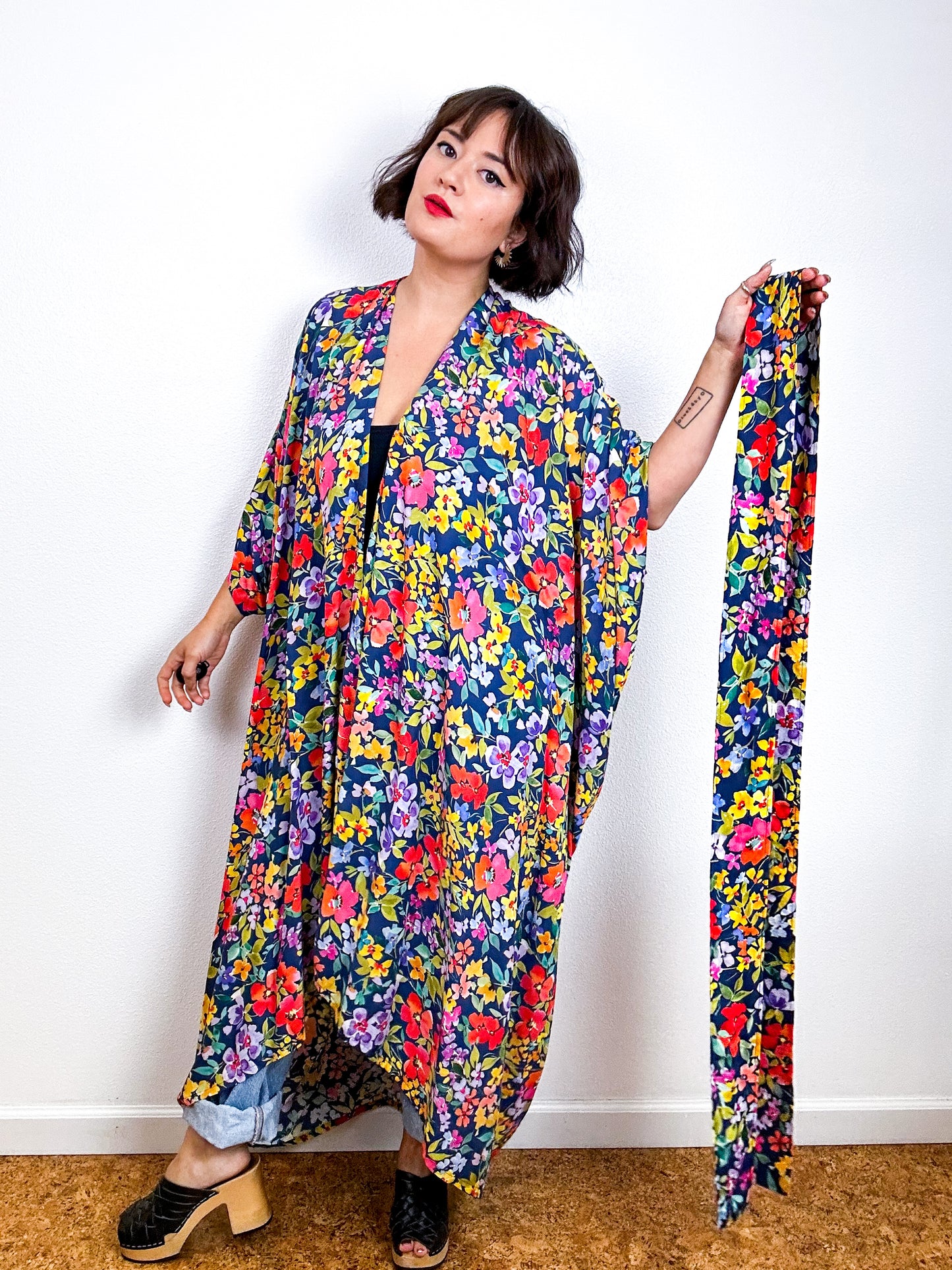 Print High Low Kimono Blue Floral Challis