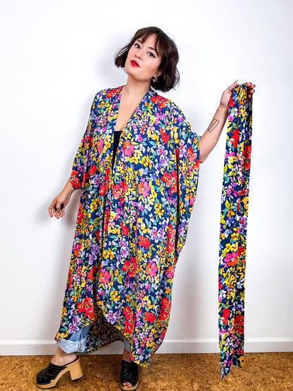 Print High Low Kimono Blue Floral Challis
