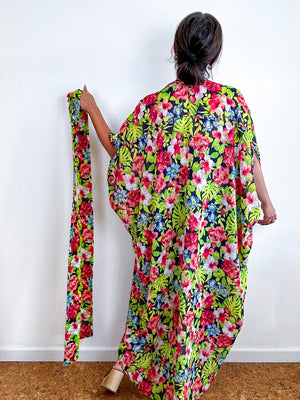 Print High Low Kimono Black Tropical Floral Chiffon