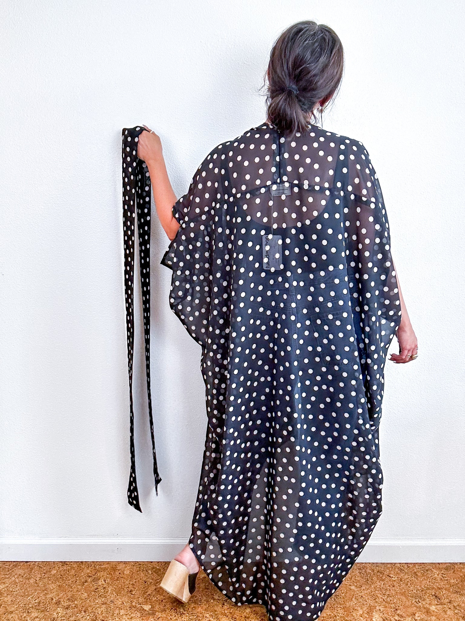 Print High Low Kimono Black Ivory Polka Dot Chiffon