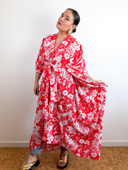 Print High Low Kimono Red White Floral Bubble Crepe