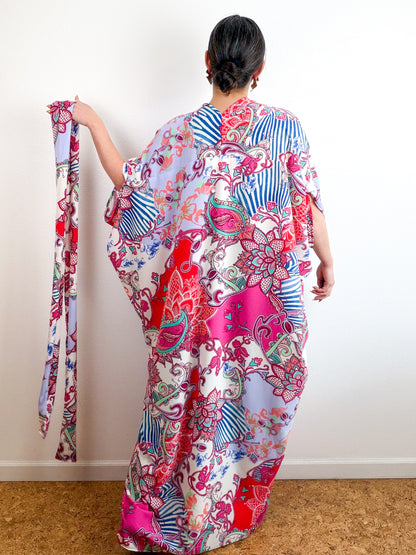 Print High Low Kimono Fuchsia Blue Paisley Bubble Crepe