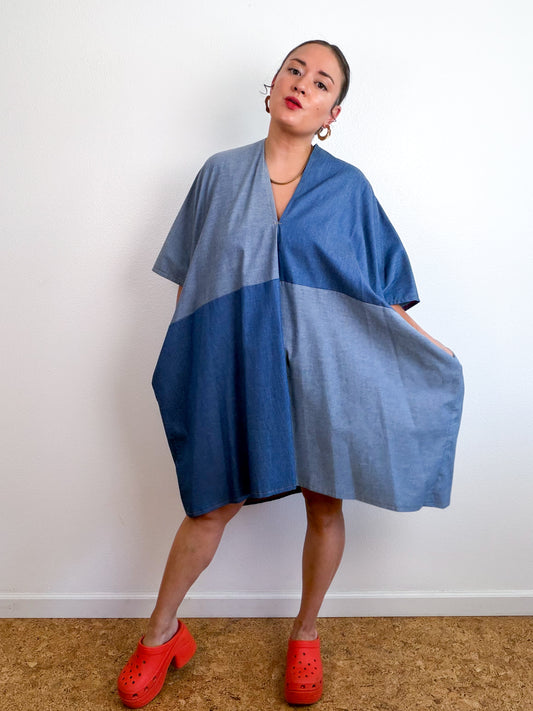Cotton Chambray Caftan Dress Light Denim Color Block