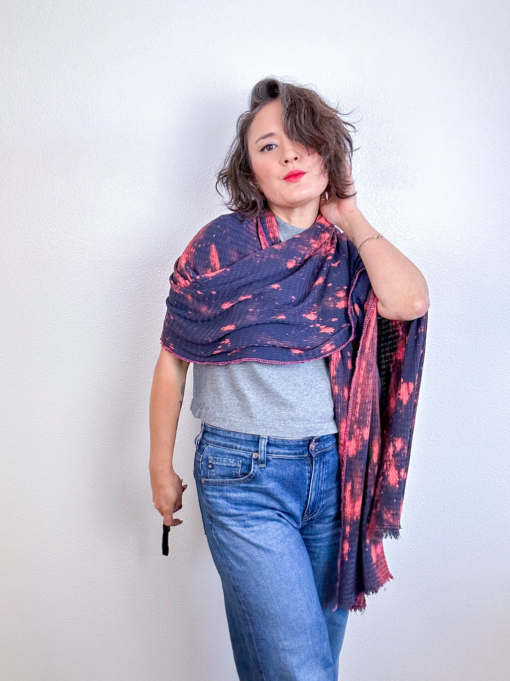 Hand-Dyed Speckle Knit Scarf Navy Peach