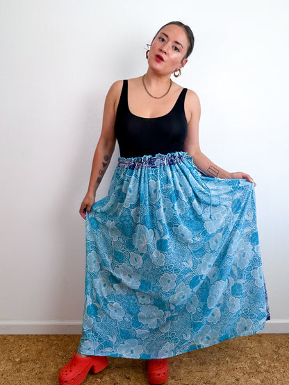 THE SKIRT Navy Aqua Floral Reversible Chiffon