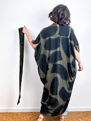 Hand-Dyed High Low Kimono Olive Black Brush
