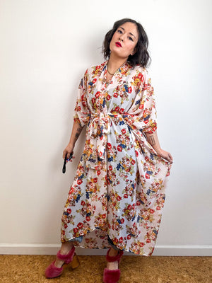 Print High Low Kimono Ivory Rust Vintage Floral Chiffon