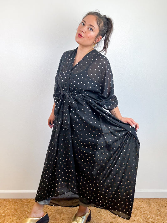 Print High Low Kimono Black Silver Hearts Chiffon