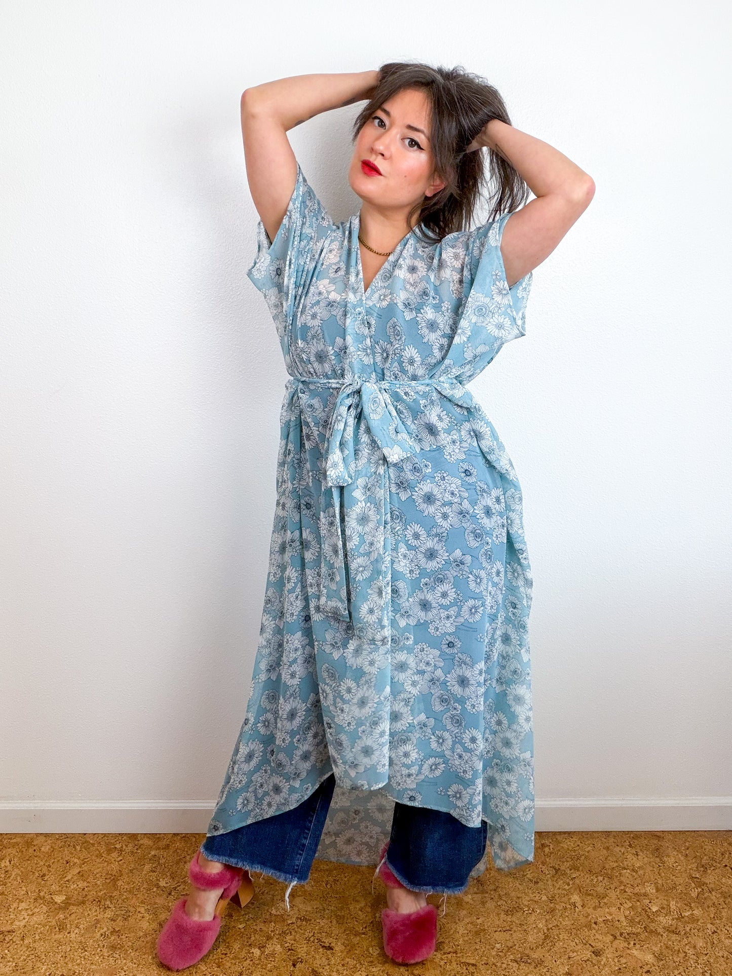 Print High Low Kimono Powder Blue Floral Chiffon