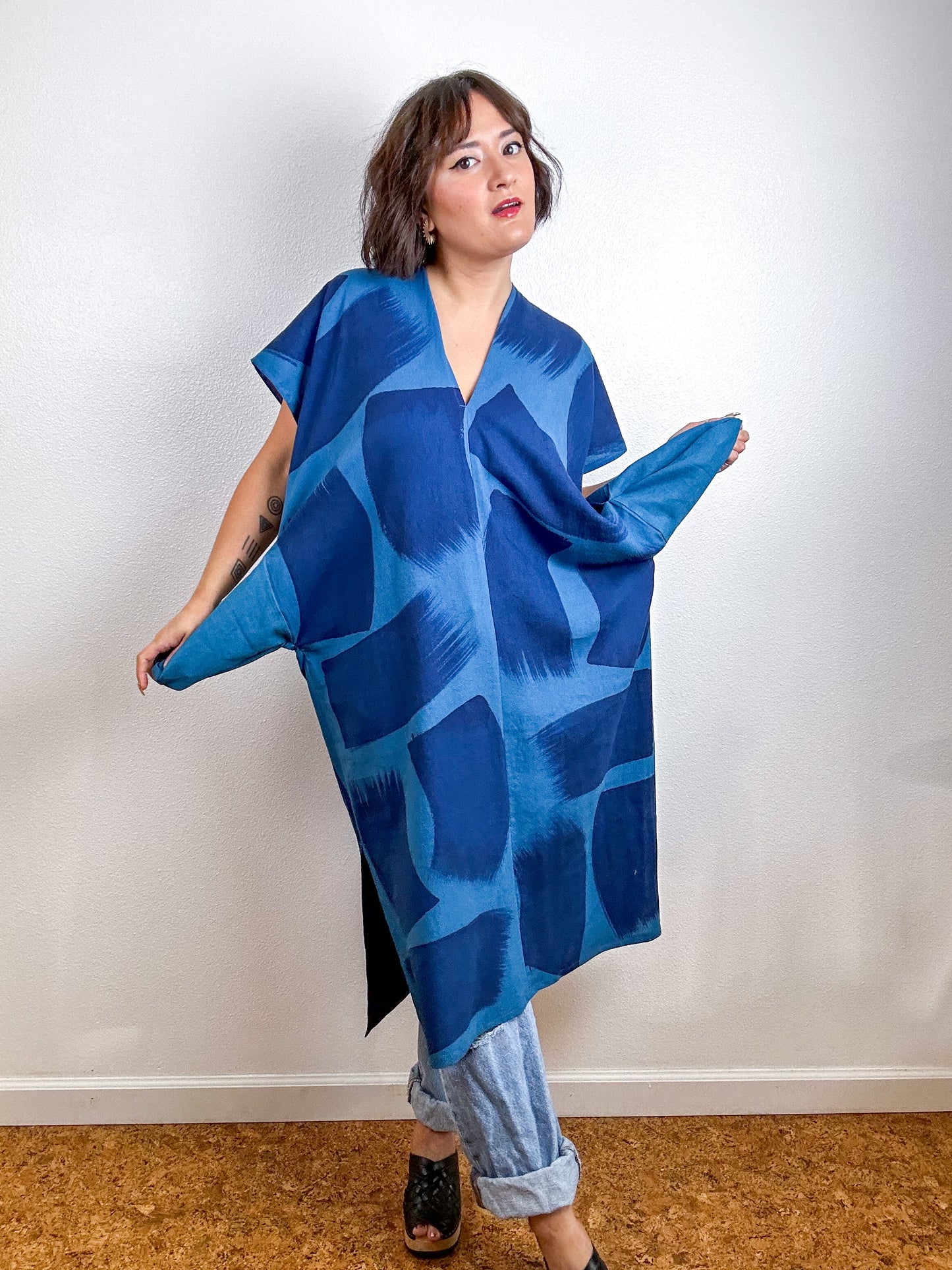 Hand-Dyed Midi Smock Dress Teal Indigo Brush