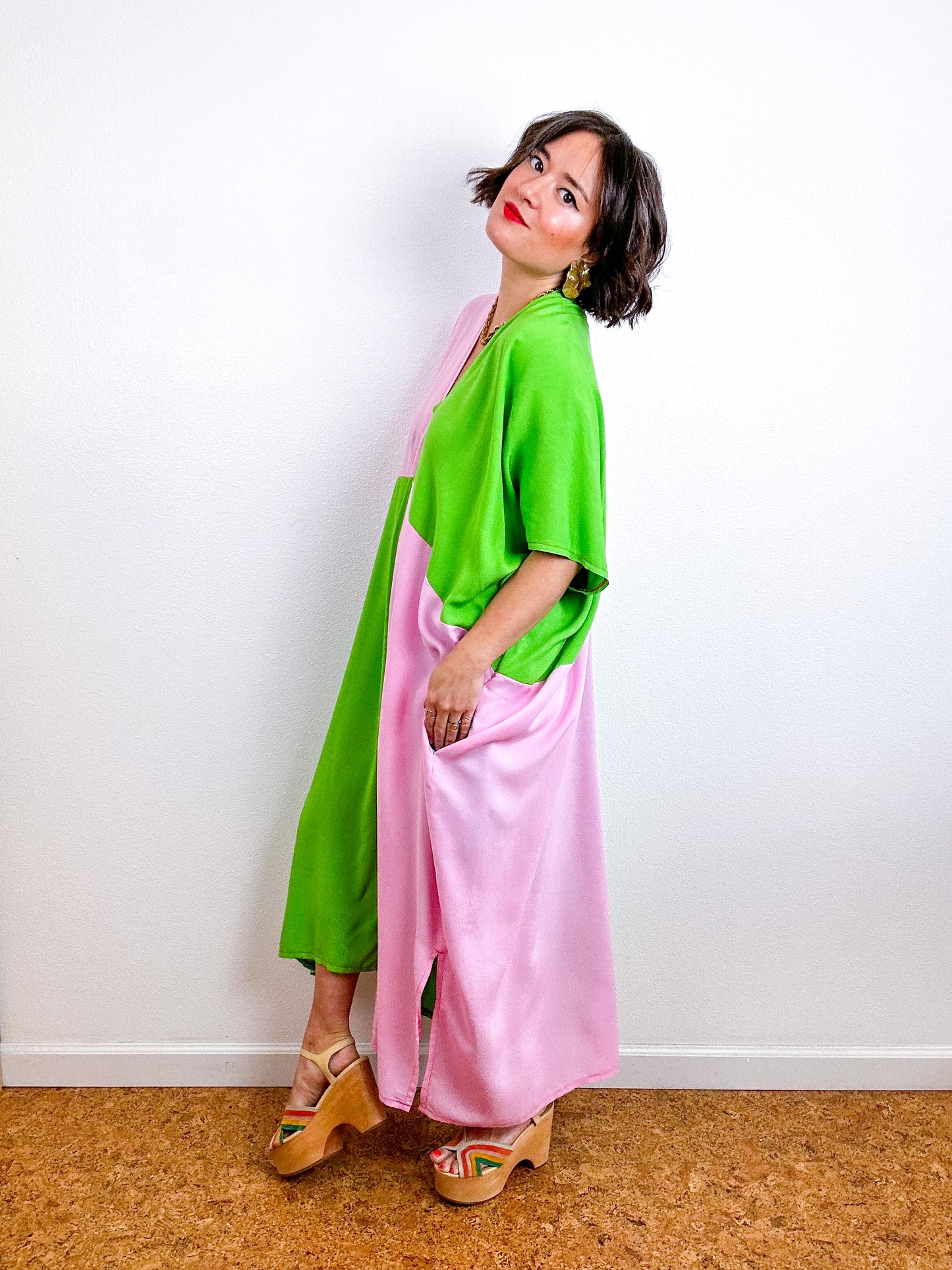 Color Block Midi Caftan Dress Lime Pink