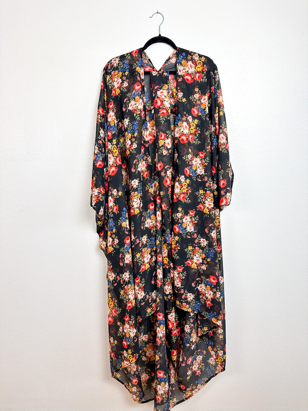 Print High Low Kimono Black Rust Vintage Floral Chiffon