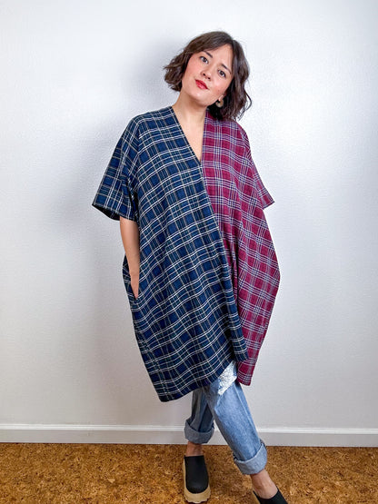 Oversized Plaid Smock Dress Navy Maroon