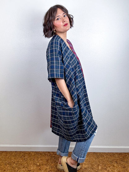 Oversized Plaid Smock Dress Navy Maroon