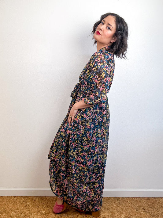 Print High Low Kimono Black Metallic Floral Crinkle Chiffon
