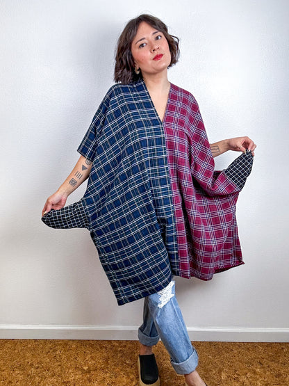 Oversized Plaid Smock Dress Navy Maroon