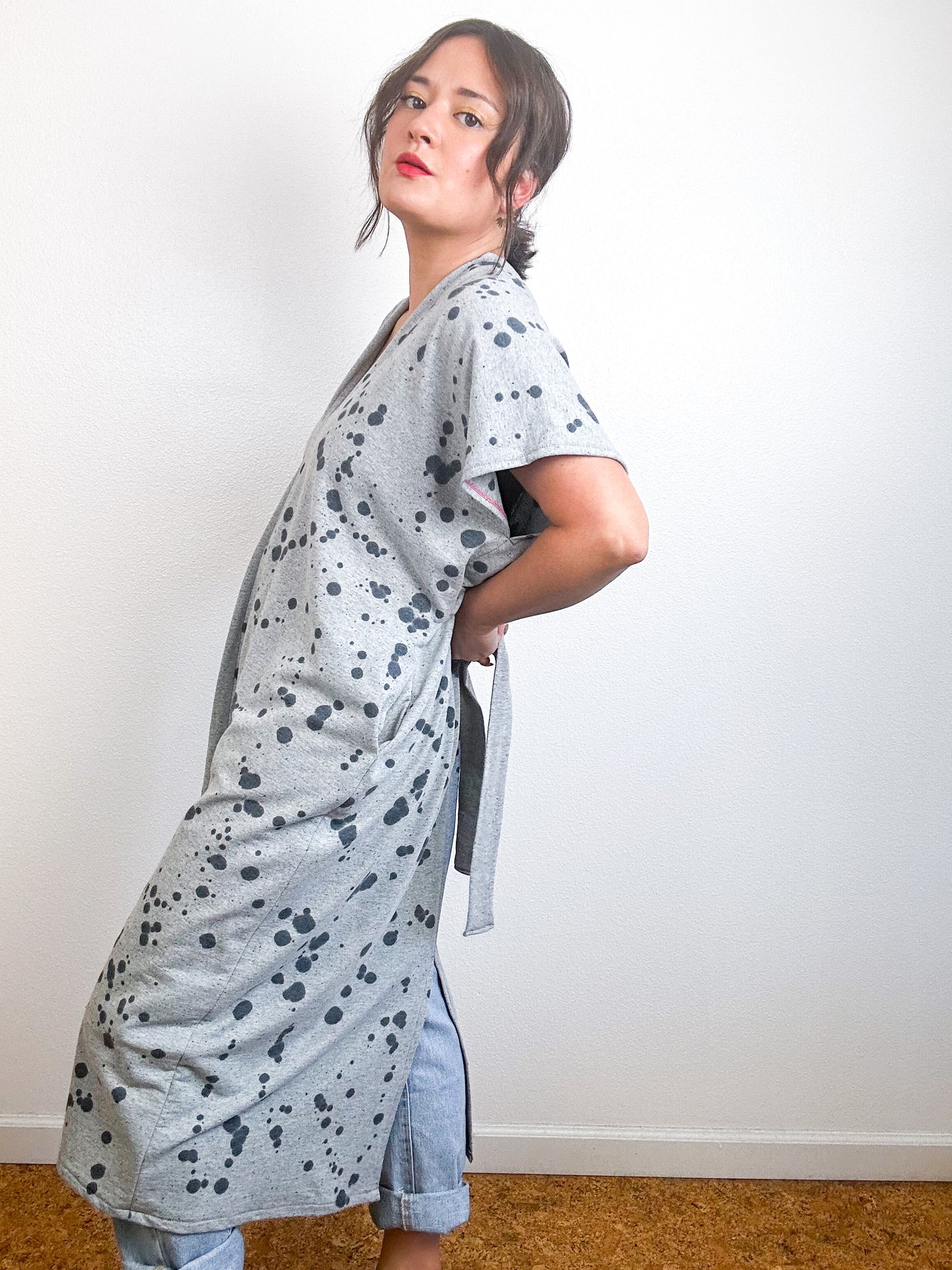 Hand-Dyed Midi Sweatshirt Tie Dress Grey Black Droplets