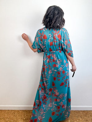 Print High Low Kimono Teal Paisley Chiffon