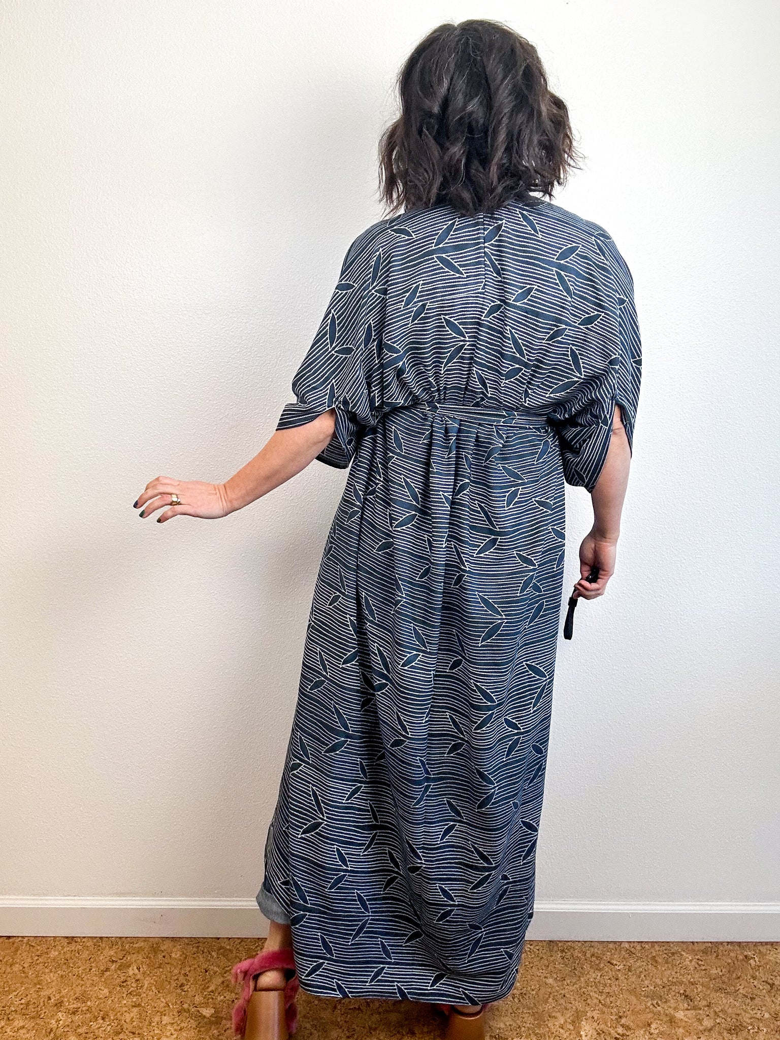 Print High Low Kimono Navy Leaves Challis