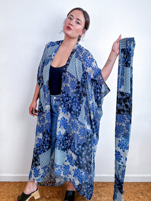 Print High Low Kimono Navy Patchwork Crinkle Chiffon