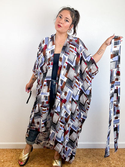 Print High Low Kimono Blue Maroon Grid Challis