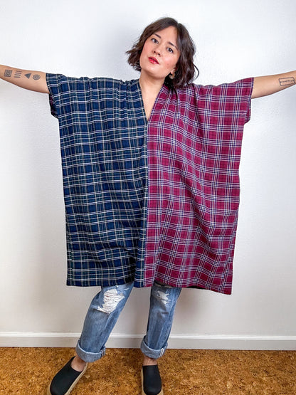 Oversized Plaid Smock Dress Navy Maroon
