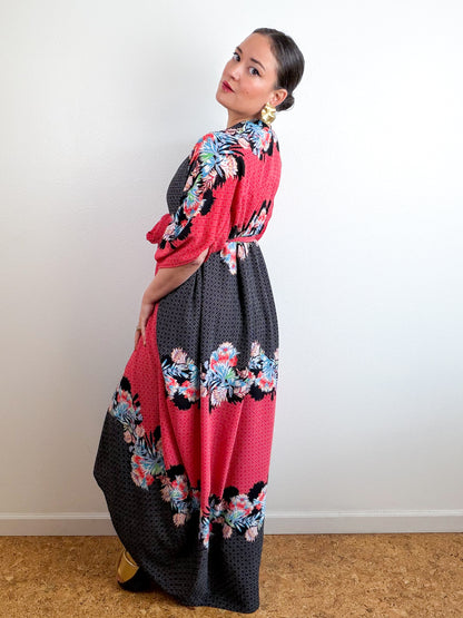 Print High Low Kimono Red Black Tropical Bubble Crepe