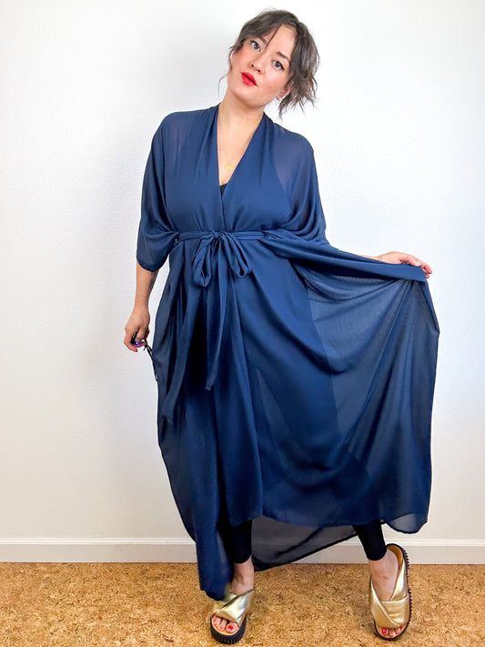 Print High Low Kimono Navy Mini Grid Chiffon