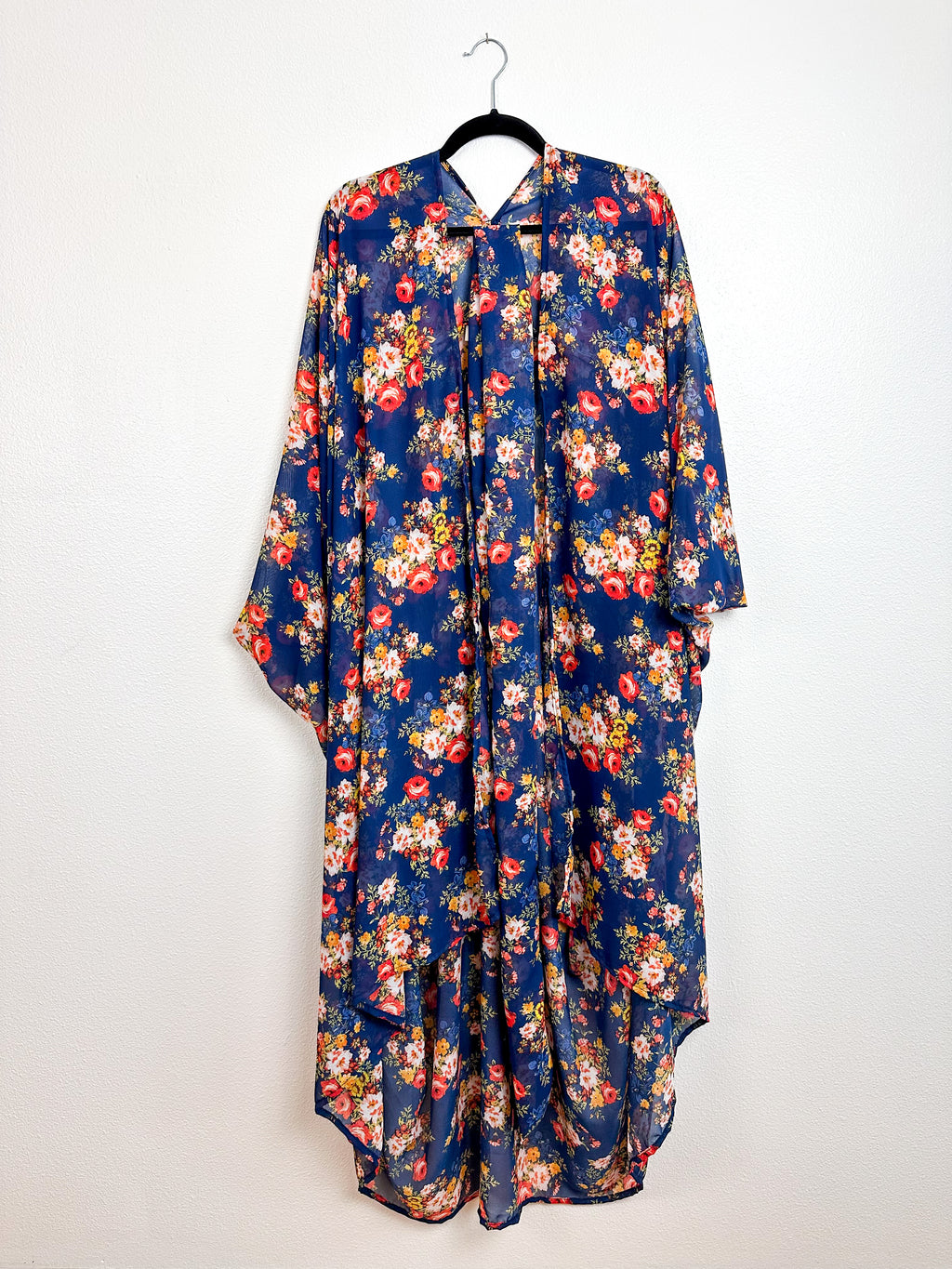 Print High Low Kimono Navy Rust Vintage Floral Chiffon