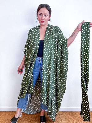 Print High Low Kimono Olive Ivory Dots Challis