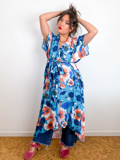 Print High Low Kimono Blue Peach Floral Bubble Crepe