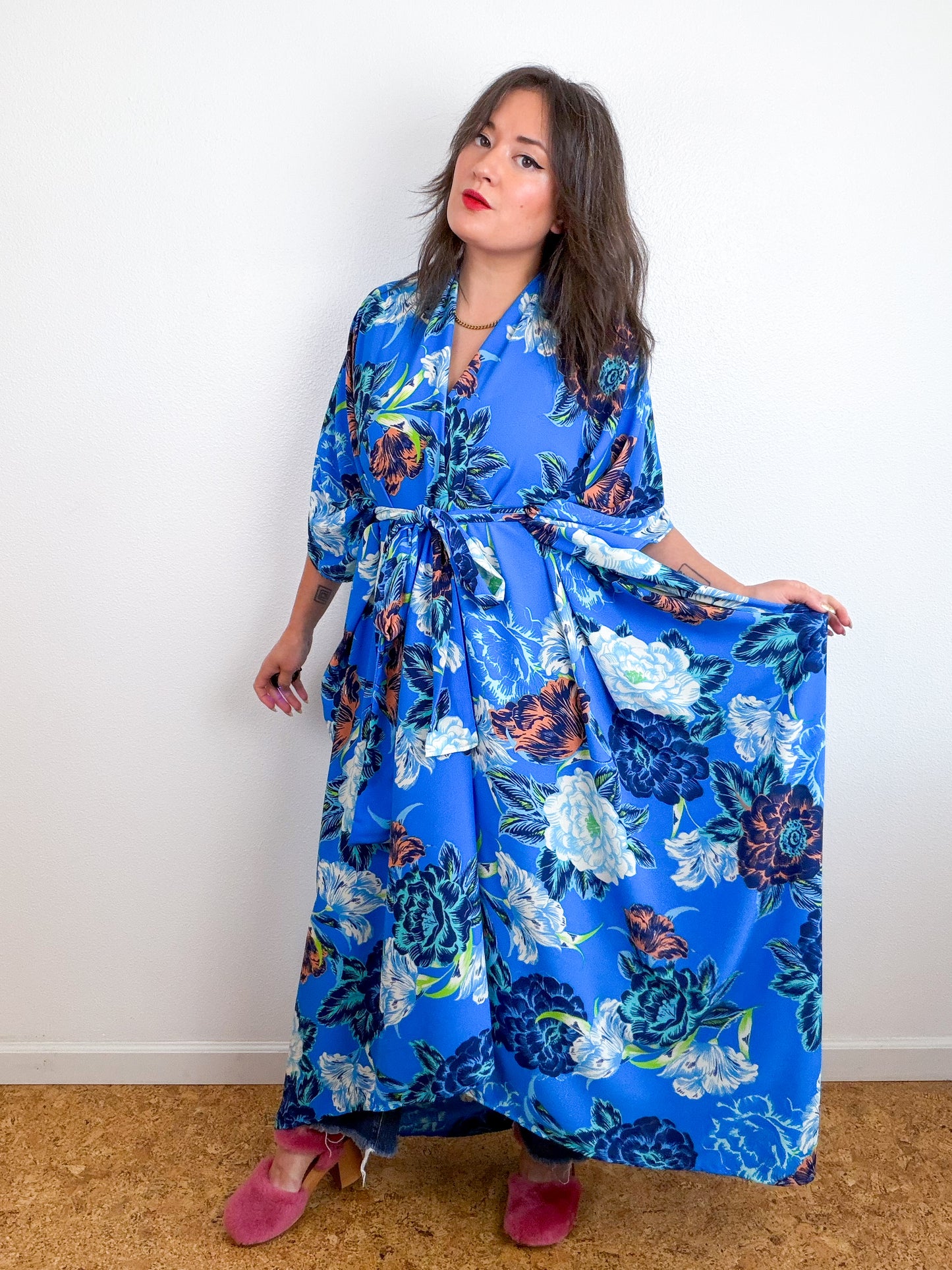 Print High Low Kimono Royal Blue Floral Bubble Crepe