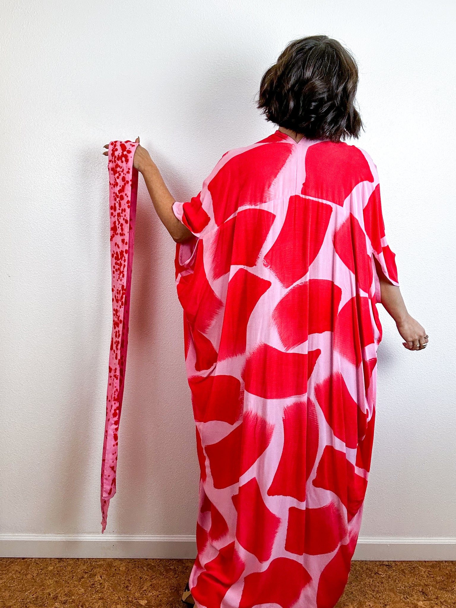 Hand-Dyed High Low Kimono Pink Scarlet Brush