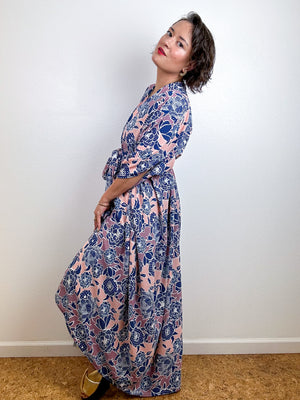 High Low Kimono Indigo Peach Floral Dots Bubble Crepe