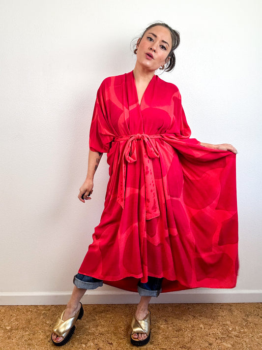 Hand-Dyed High Low Kimono Coral Fuchsia Brush