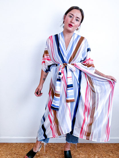Print High Low Kimono Painterly Lines Chiffon