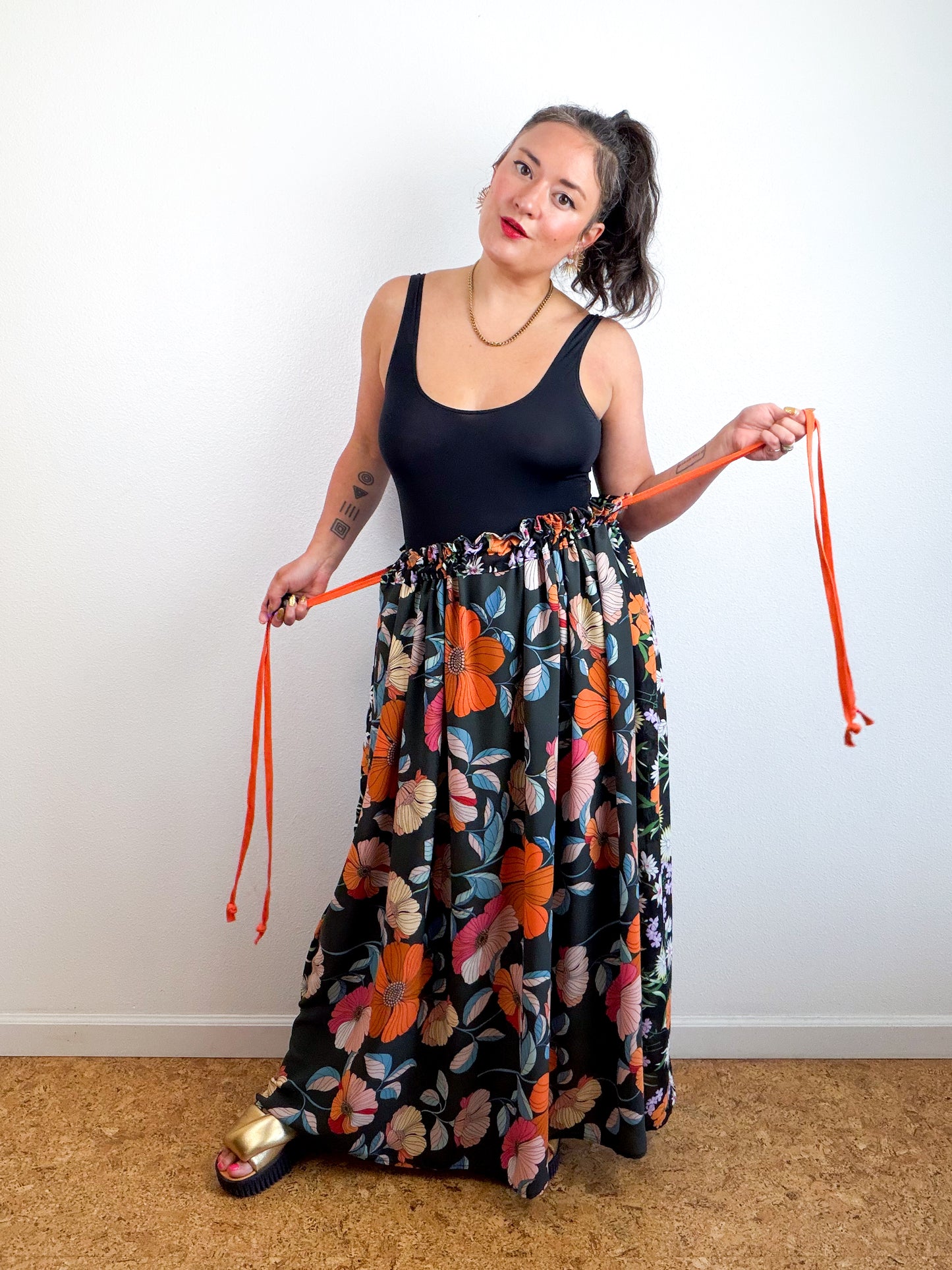 THE SKIRT Black Orange Floral Mix Reversible Georgette