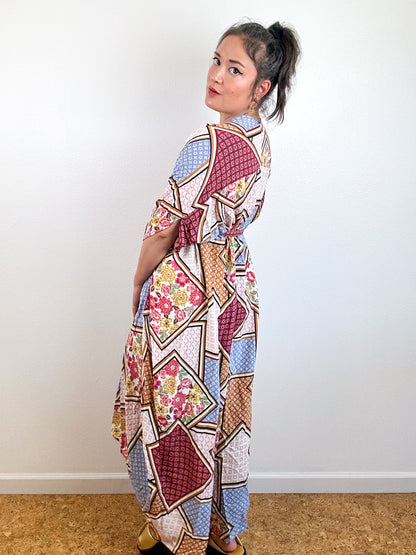 Print High Low Kimono Maroon Patchwork Crinkle Challis