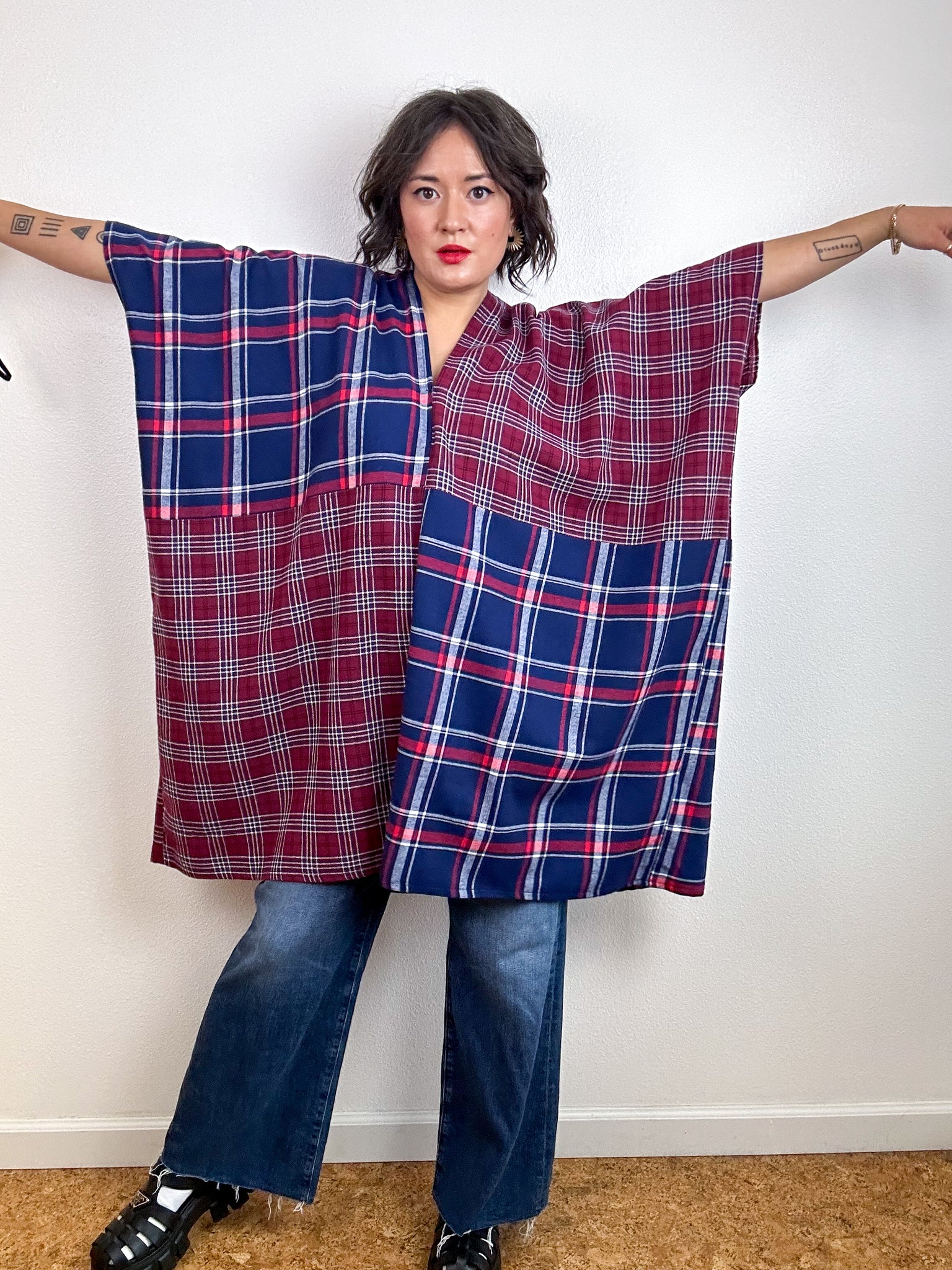 Oversized Patchwork Plaid Smock Dress Navy Maroon