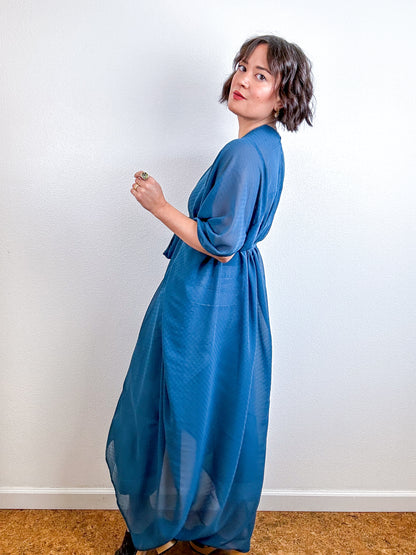 Solid High Low Kimono Teal Blue Swiss Dot Chiffon