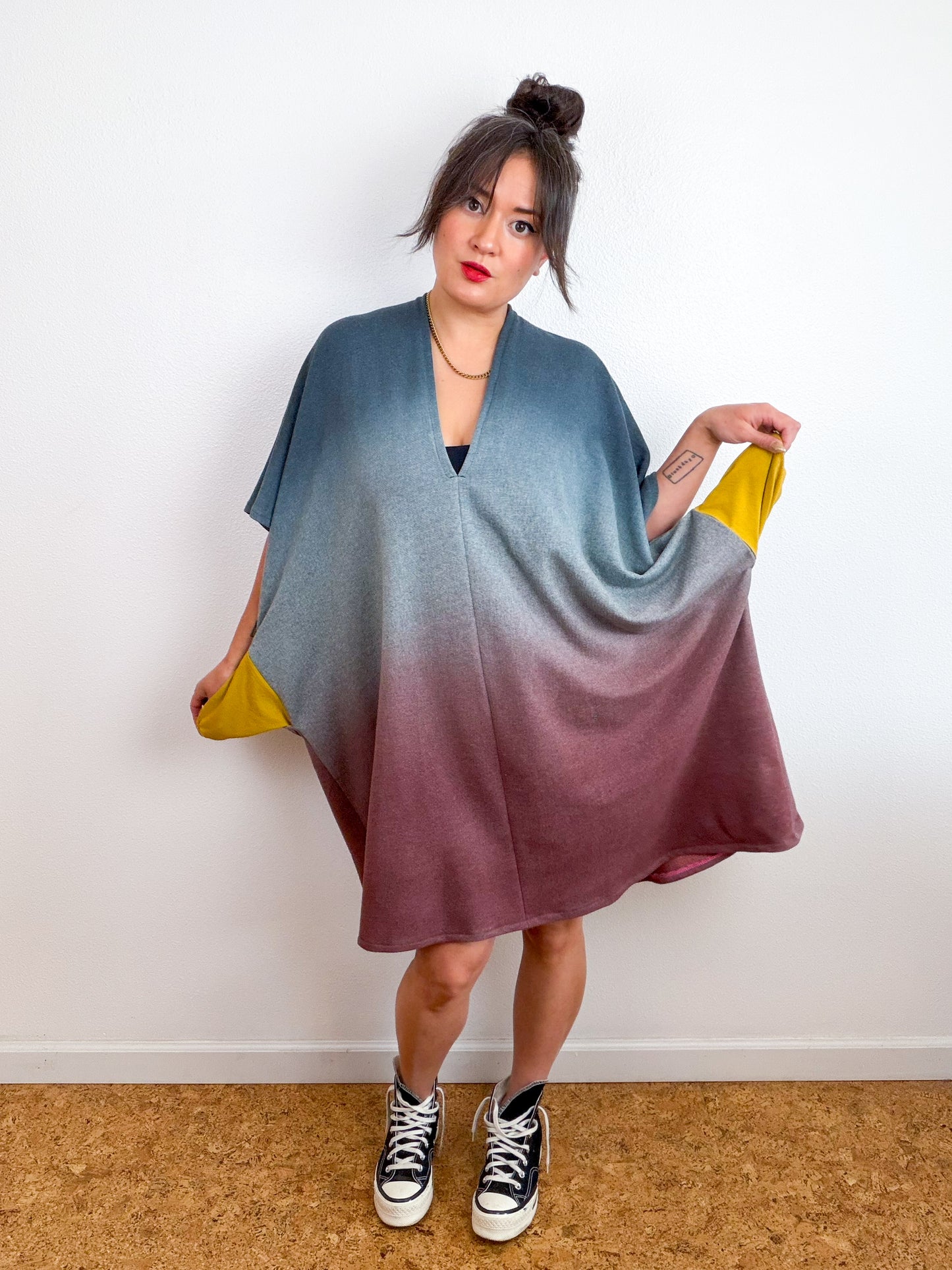 Hand-Dyed Sweatshirt Caftan Dress Charcoal Sage Terracotta Gradient